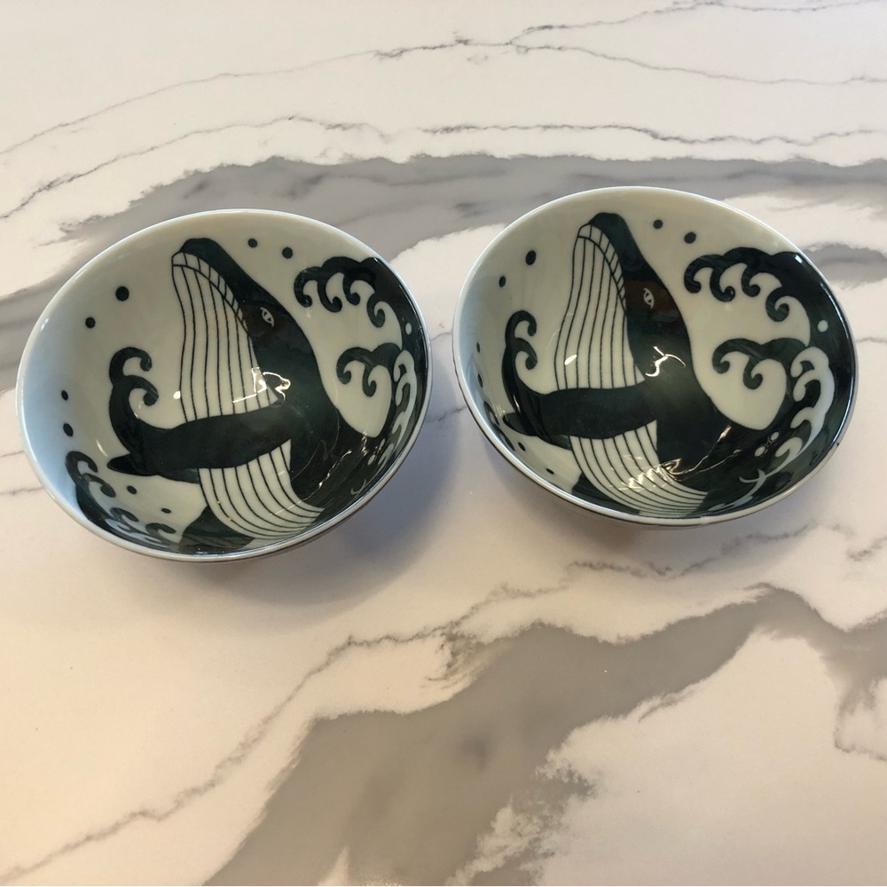 Minoru Touki White Wave Whale Blue Ceramic Rice Bowls Set of 2